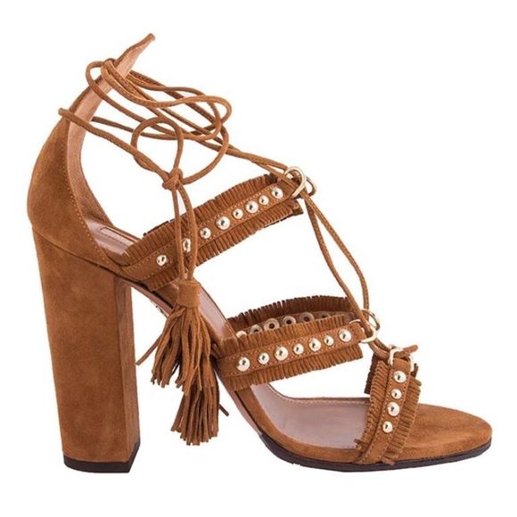 AQUAZZURA camel brown suede TULUM FRINGE Sandals